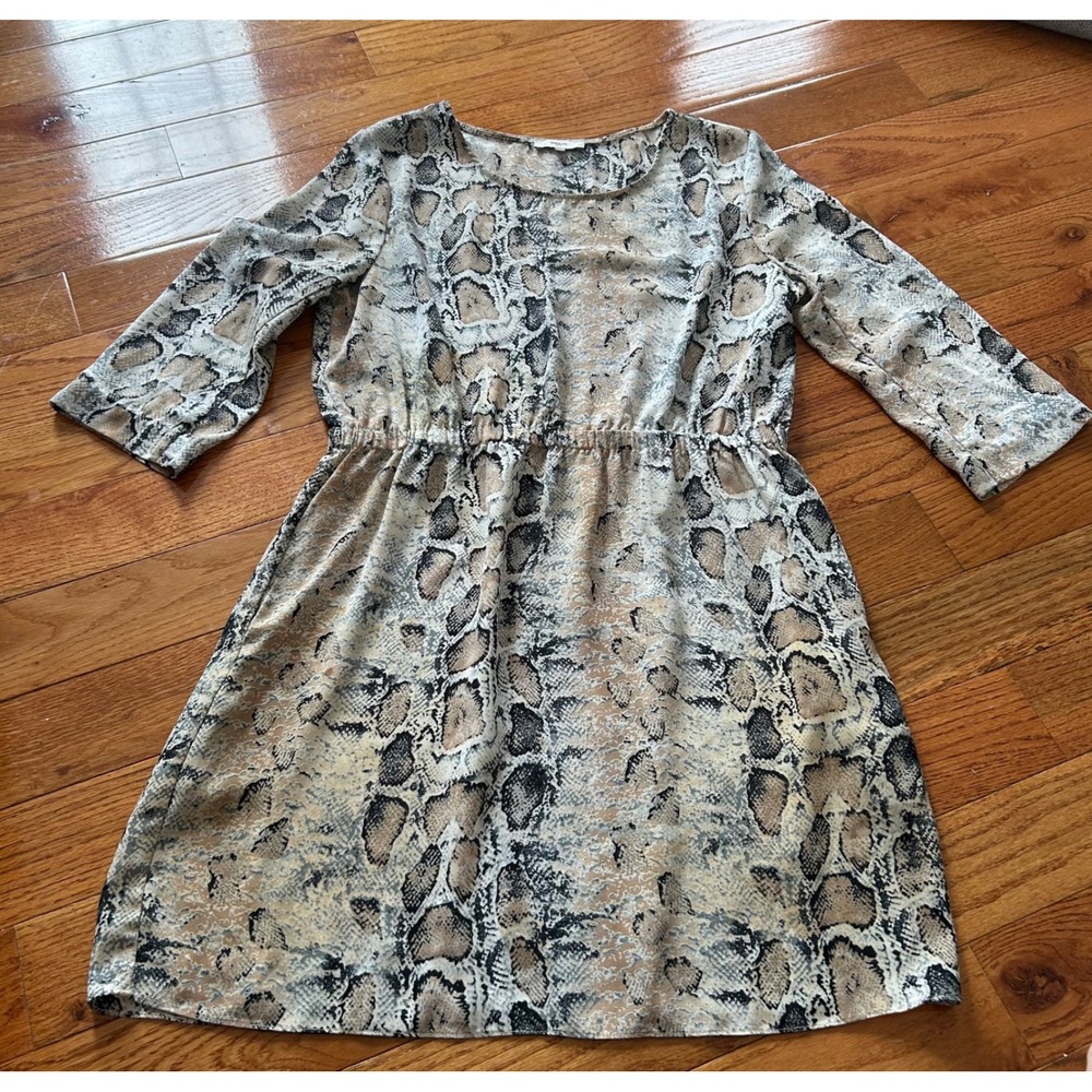 Suncoo Paris Crys Snake Print Mini Dress Tan Grey Elastic Waist Size T3 Large